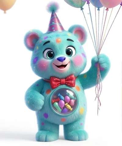 Pipo, mascote da Casa Piruleta, segurando balões