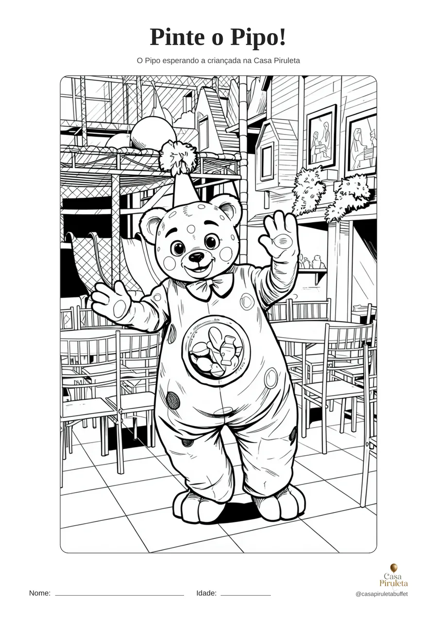 Desenho do Pipo acenando no salão da Casa Piruleta para colorir